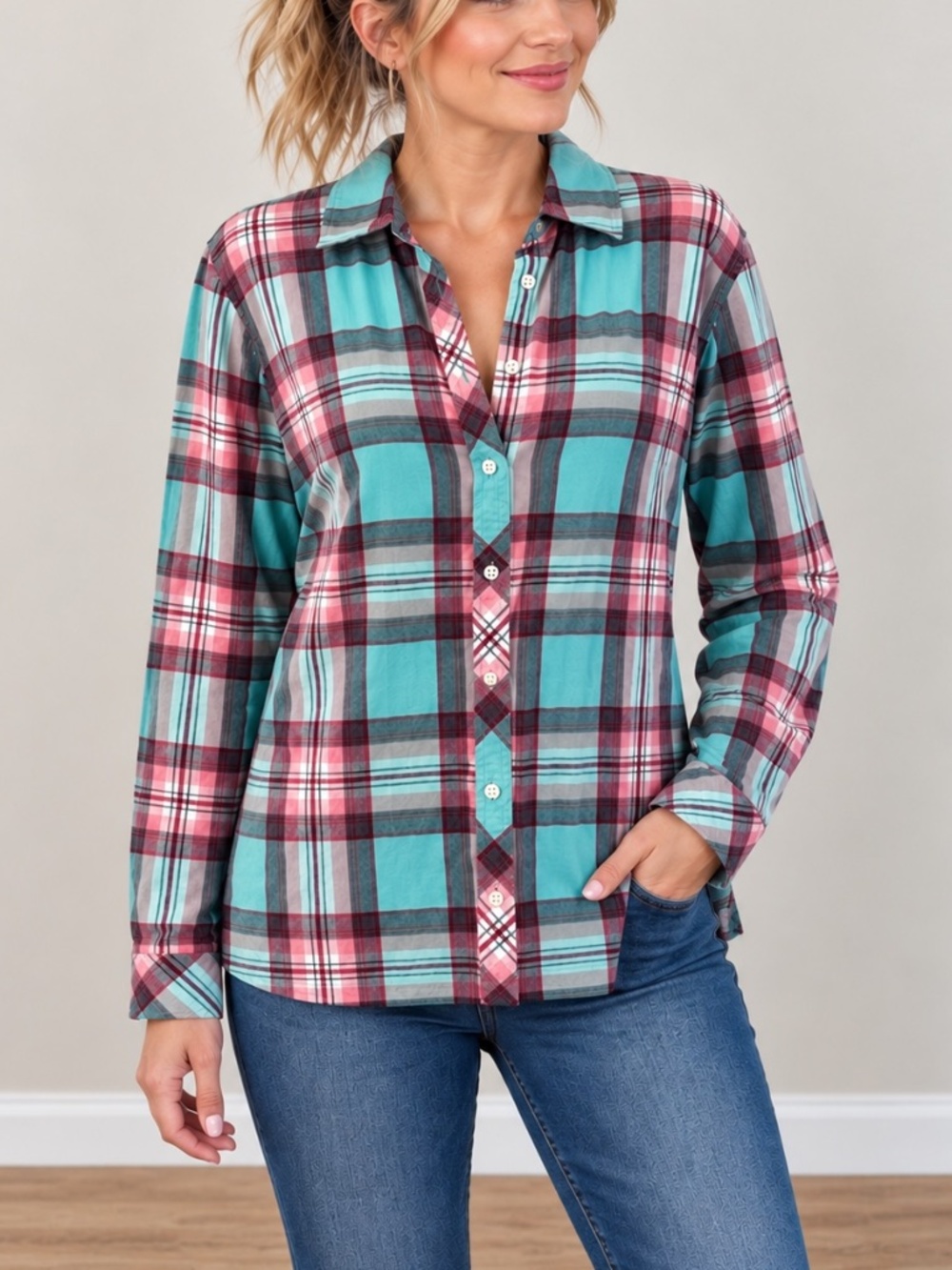 Talbots L Turquoise Pink Plaid Cotton Button Down Shirt Long Sleeve Casual